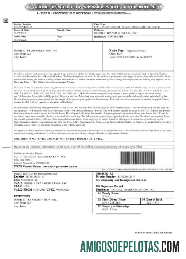 Formulário de Notificação de Ação dos EUA I 797A amostra